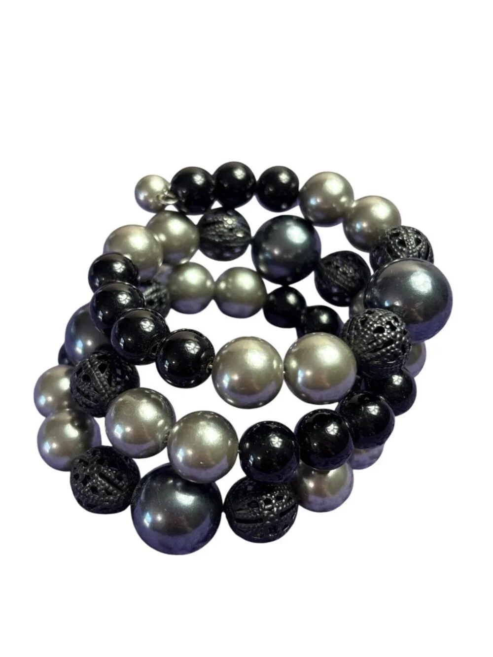 Vintage Beaded Memory Wire Bracelet Silvertone Gunmetal Black Filigree